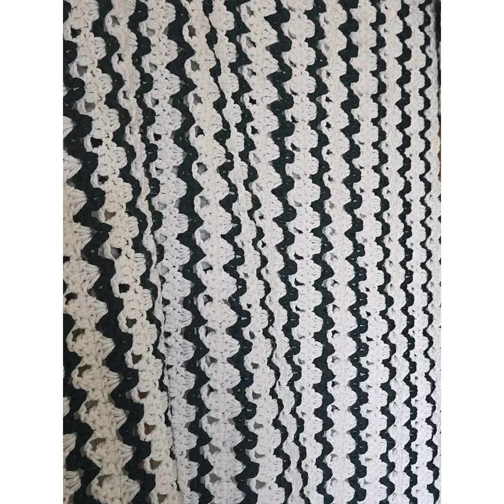 Vtg Handmade Crochet Throw Blanket Granny Zig Zag Chevron Green White Afghan